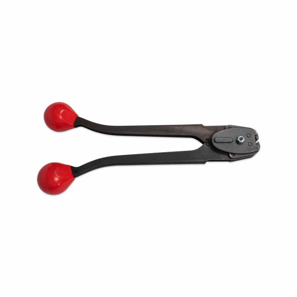Encore EP-1810 front action steel strapping sealer showing its double notch sealing head, long curved handles, and red comfort grips