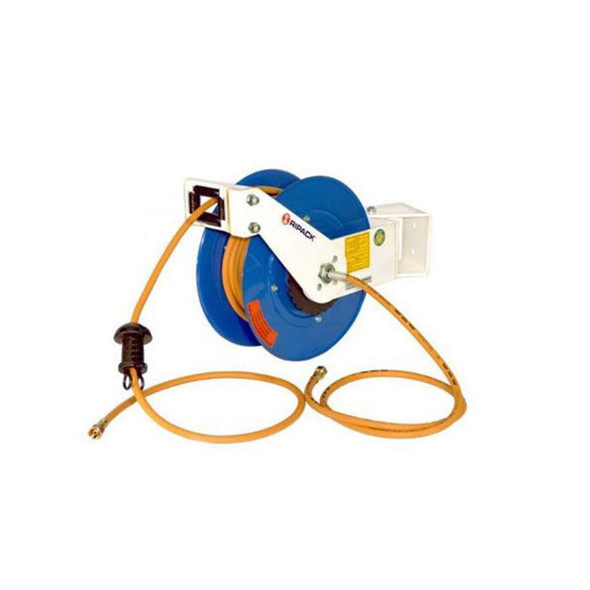 Swivel gas hose reel with retractable 24-foot propane hose for shrink wrap heat guns
