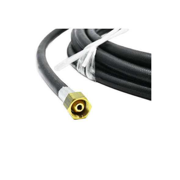 Close-up of black industrial hose with brass female fitting and crimped metal connection