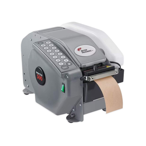 BP-500 electric water-activated tape dispenser dispensing kraft paper tape, front-left view