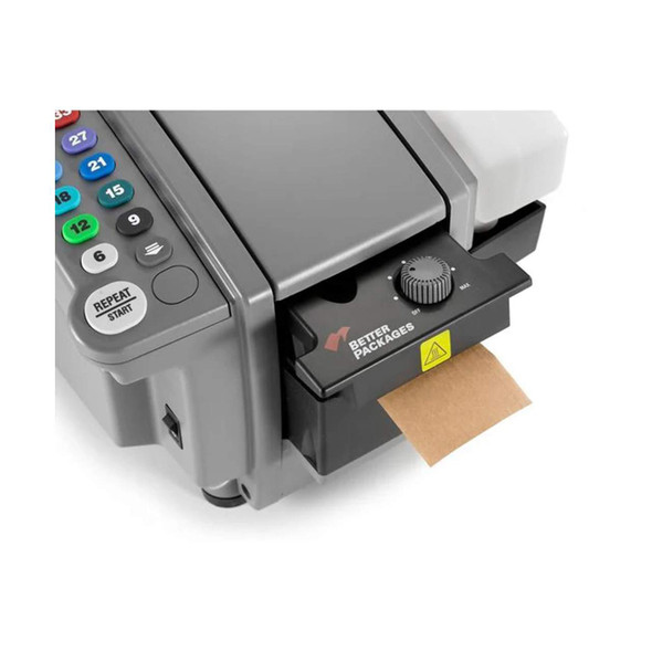 Close-up of BP-555eSA water-activated tape dispenser output and moisture adjustment control