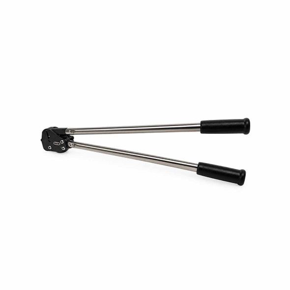 Teknika TS-318 manual steel strapping sealer displayed horizontally with spread silver metal handles, black grips, and compact side action sealing head