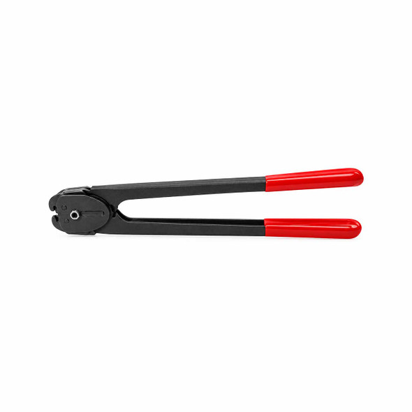 Teknika TS-3124 front action steel banding sealer shown from the side with slightly separated black handles, red grips, and metal sealing head