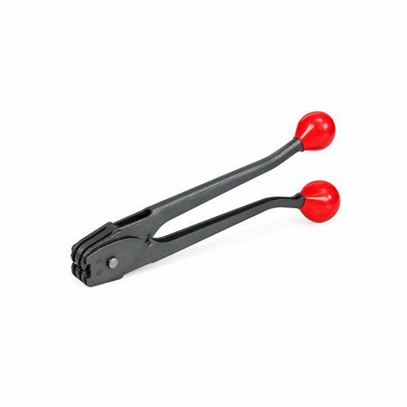 Signode C-5823 heavy-duty manual steel strap sealer displayed diagonally with open black handles, red grips, and double notch sealing mechanism