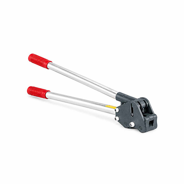Signode RCD-1431 manual double reverse notch steel sealer with open silver handles, red textured grips, and black sealing head designed for 1-1/4-inch steel strap