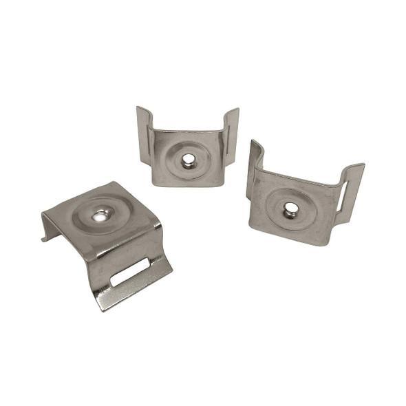 Type 304 stainless steel flared leg brackets shown from multiple angles with mounting holes and slotted legs