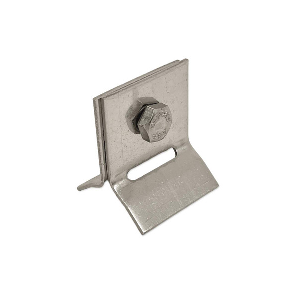 Close-up of stainless steel cantilever bracket with hex bolt and elongated mounting slot