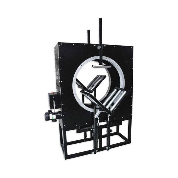 Angled view of the EP-6700-48-DX Deluxe Motorized Orbital Ring Wrapper Machine with adjustable support tables and powered orbital wrapping system