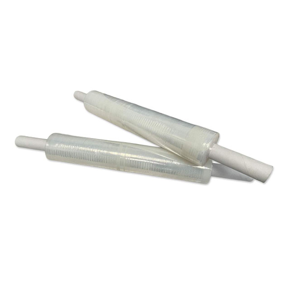 Two rolls of 20-inch x 1000-foot 80 gauge cast hand stretch film with extended core handles for warehouse packaging