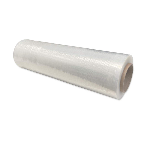 18-inch x 1500-foot 80 gauge cast hand stretch film roll shown horizontally for manual pallet wrapping applications