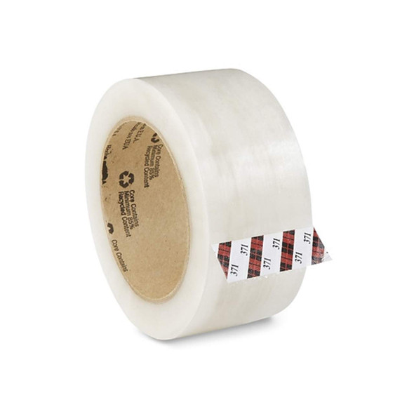 3M 371 clear carton sealing tape roll shown from an angled left view with branded core