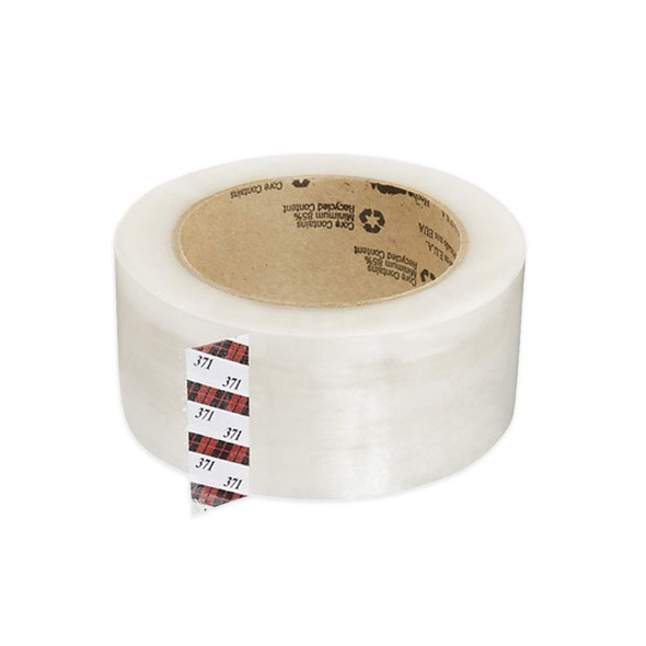 Top view of 3M 371 clear carton sealing tape roll showing transparent film and branded core