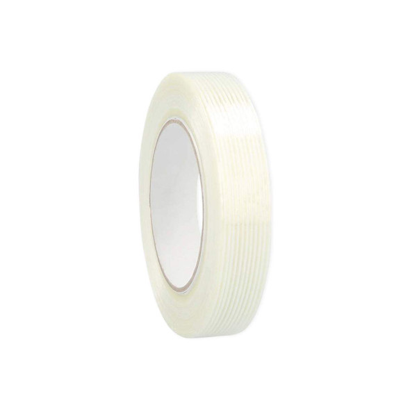 Angled upright view of General Purpose Filament Strapping Tape, 1" x 60 yd, with fiberglass reinforcement