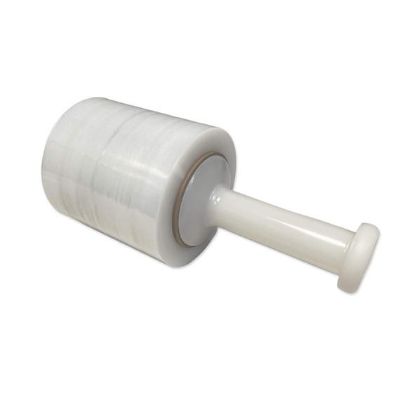 5-inch x 1000-foot 90 gauge clear mini stretch film installed on a reusable hand dispenser for fast and secure wrapping