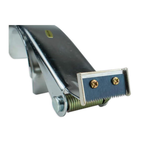 Close-up of handheld carton tape dispenser serrated cutting blade and spring mechanism
