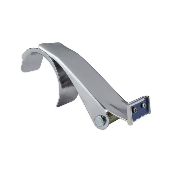 Metal handheld carton tape dispenser with serrated cutting blade – front angle view