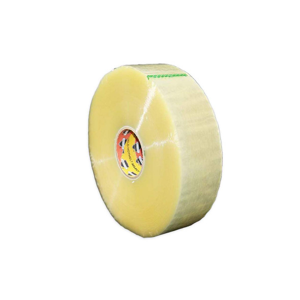 Clear machine hot melt carton sealing tape roll, 2 inch x 3,000 feet, 2 mil, upright front angle view