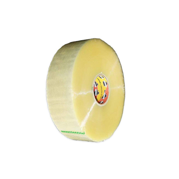 Clear machine hot melt carton sealing tape roll, 2 inch x 3,000 feet, 2 mil, upright reverse angle view
