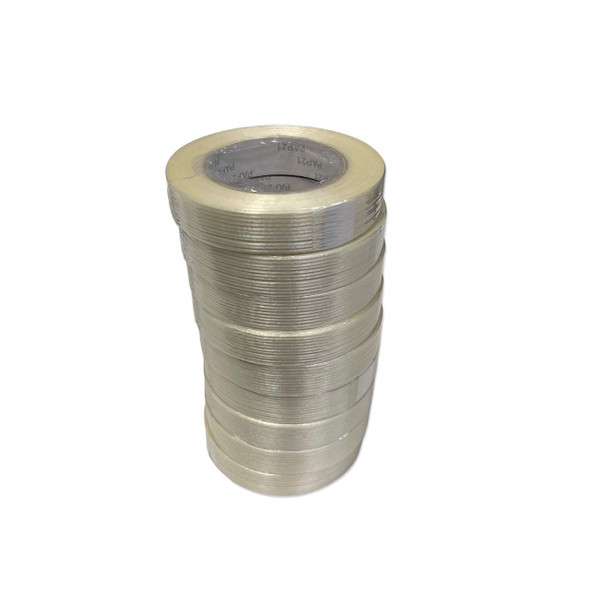 Stack of 1" x 60 yd filament strapping tape roll showing fiberglass reinforcement strands