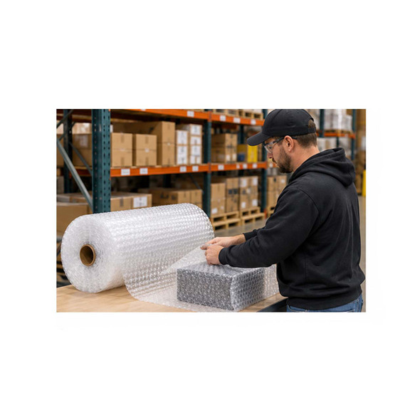 Warehouse worker using 1/2" heavy-duty air bubble roll to wrap a product for shipping