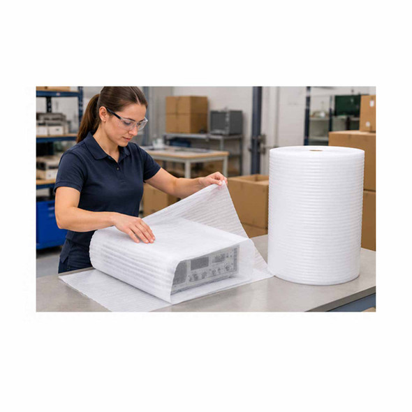 Worker wrapping electronic equipment with 1/8" polyethylene foam roll for cushioning during shipping
