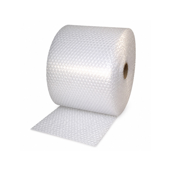 Large 1/2" x 48" x 250' heavy-duty air bubble roll with 12" perforations partially unrolled