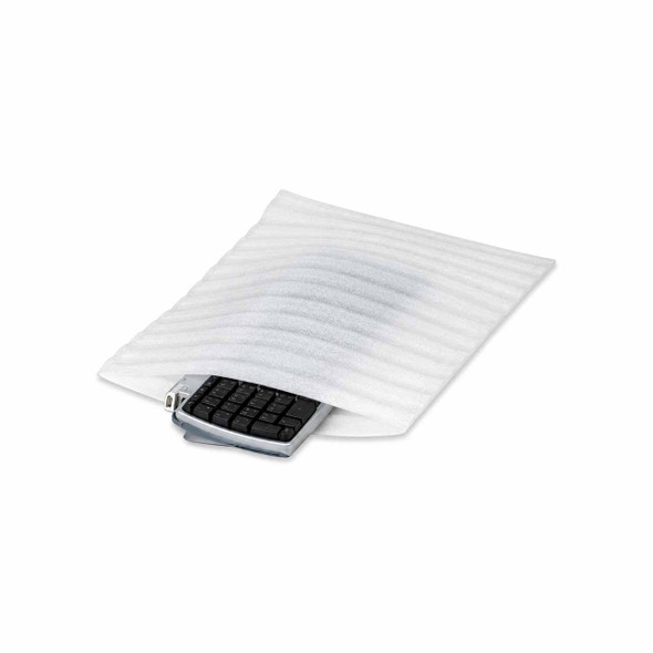 White PE foam pouch protecting a computer keyboard during packaging and shipping