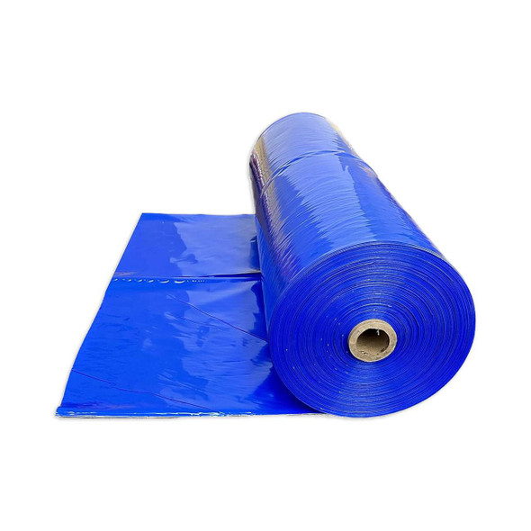 Side view of 18-foot blue marine shrink wrap roll used for boat winterization and outdoor storage