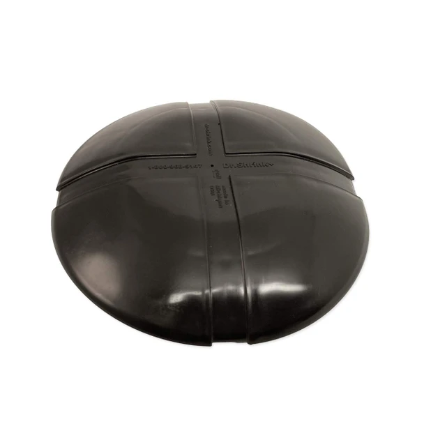 Top view of 9" round Rhino shrink wrap pole support cap with domed black design