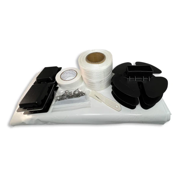Complete boat shrink wrap accessory kit with installation tape, vents, buckles, knife, and shrink wrap
