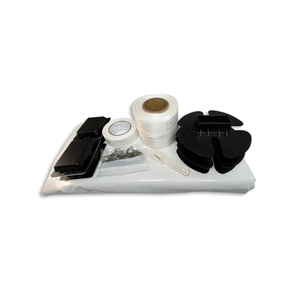 Complete boat shrink wrap accessory kit with installation tape, vents, buckles, knife, and shrink wrap