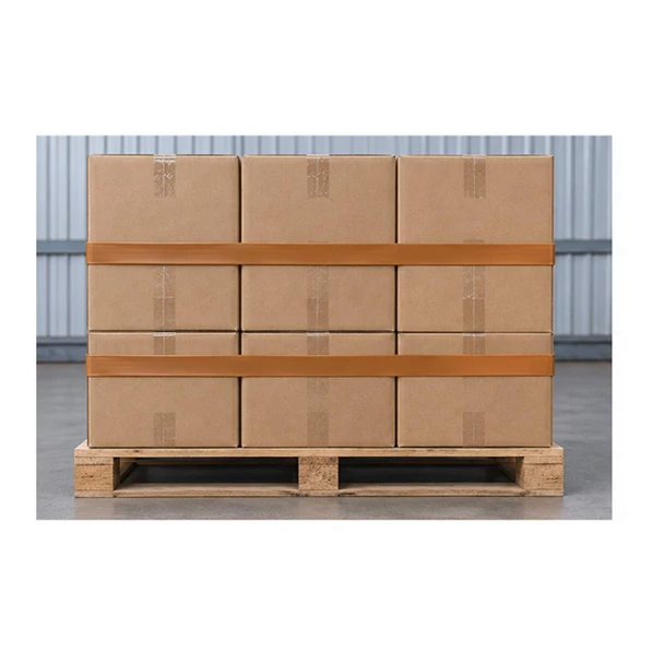 Front view of Encore 1-1/2" x 92" Pallet Stretch Bands securing boxes on a pallet