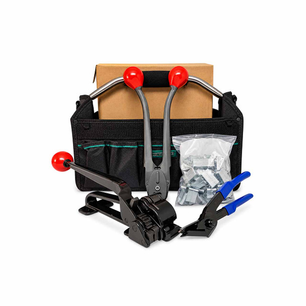 Complete portable steel strapping kit with tensioner, sealer, cutter, seals, carton pack, and carrying bag