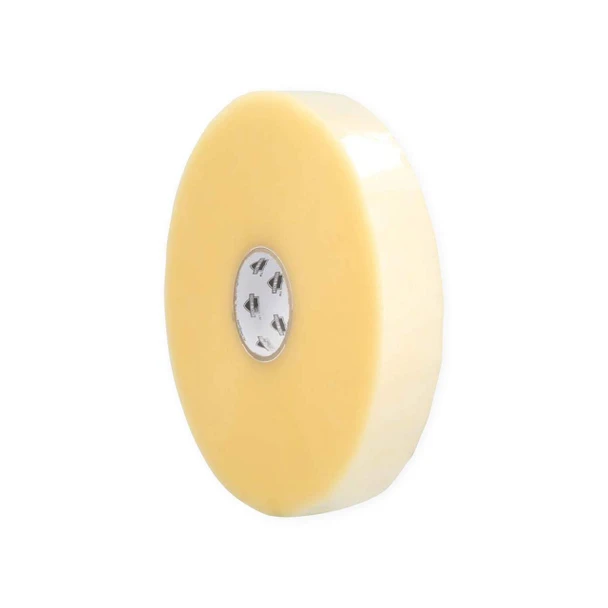 Clear machine acrylic carton sealing tape roll, 2 inch x 3,000 feet, 2 mil, upright front angle view