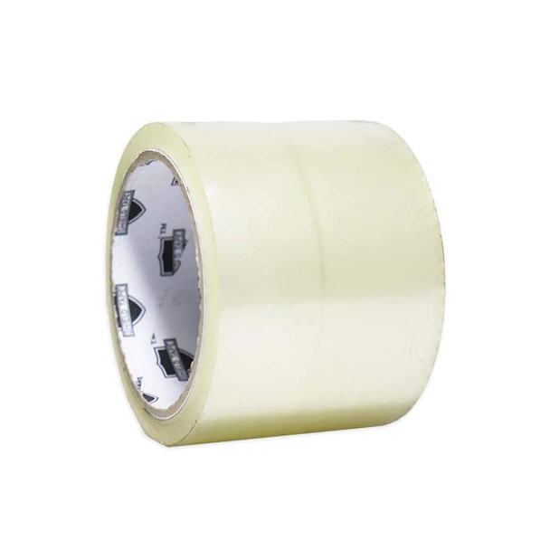 3 inch x 55 yard 3.0 mil clear acrylic carton sealing tape roll shown from an angled left view with Shield Tape branded core