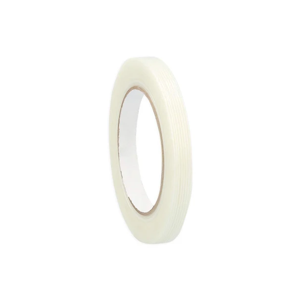 Angled view of General Purpose Filament Strapping Tape, 3/8" x 60 yd, with fiberglass reinforcement