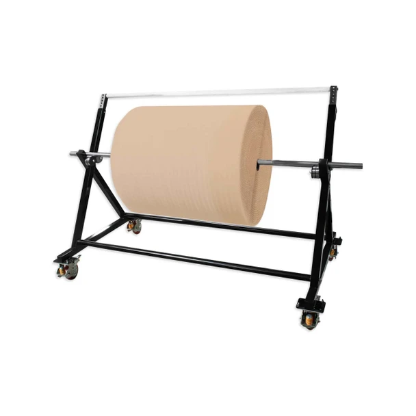 Angled view of Encore EP-6525 Heavy-Duty Roll Stand with large kraft paper roll and caster wheels