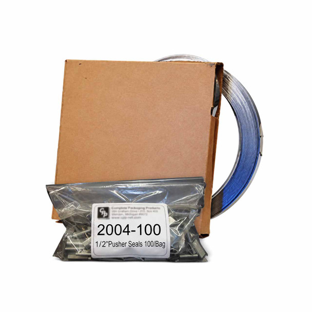 Portable steel strapping carton pack with coil and bag of 100 pusher seals