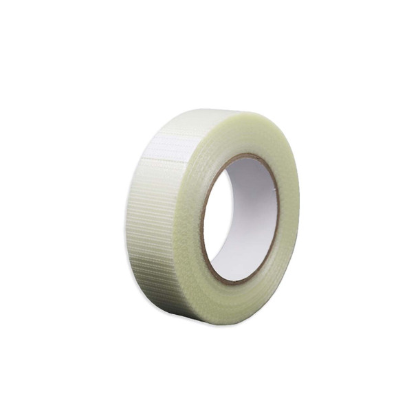 Roll of 2" wide 7 mil clear Bi-Directional filament strapping tape