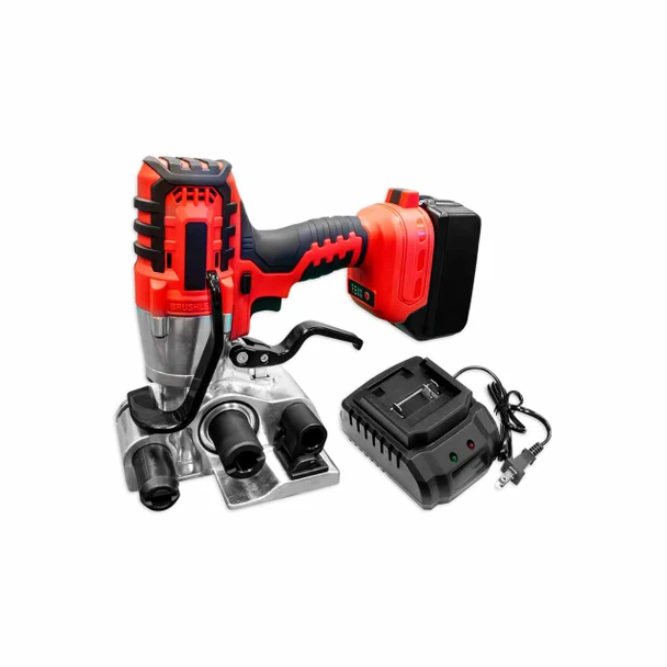 Encore EP-1325 battery-powered strapping tensioner kit featuring a red and black cordless tensioning tool, rechargeable lithium-ion battery, and separate battery charger with power cord