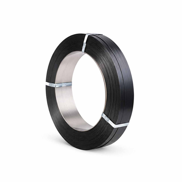 Cold rolled steel strapping coil secured with metal bands on white background