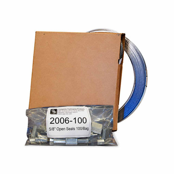 Portable steel strapping carton pack with coil and bag of 100 open seals