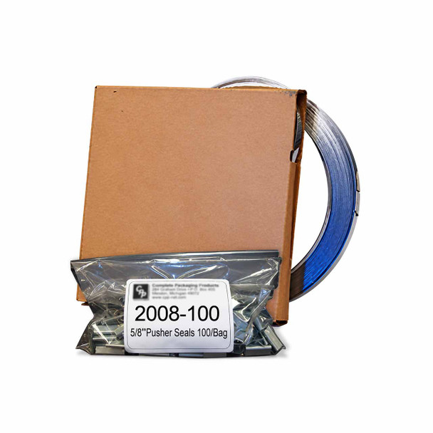 Portable steel strapping carton pack with coil and bag of 100 pusher seals