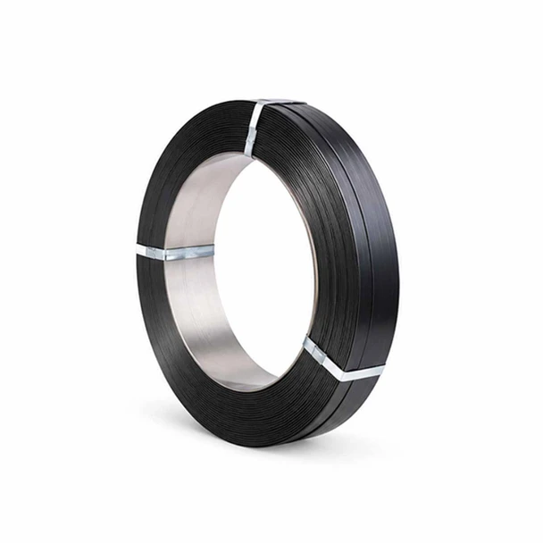 Cold rolled steel strapping coil secured with metal bands on white background