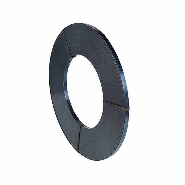 Coil of high tensile ribbon wound steel strapping on white background