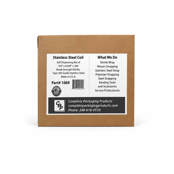 Front view of Type 304 stainless steel strapping in self-dispensing cardboard box