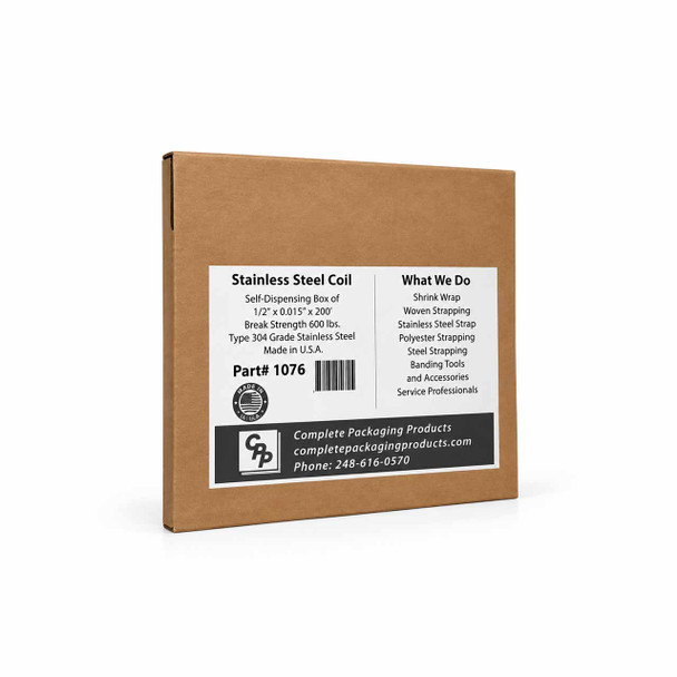 Front view of Complete Packaging Products Type 304 stainless steel strapping in a self-dispensing cardboard box