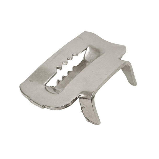 Stainless steel buckle with serrated teeth and locking tabs for securing stainless steel banding