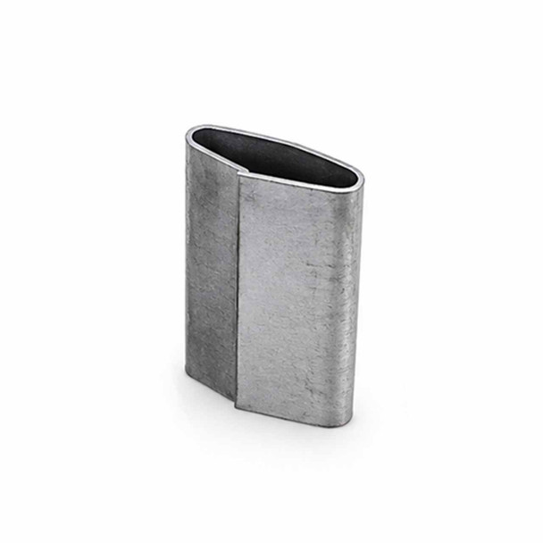 Single regular-duty closed steel strapping seal standing upright on a white background