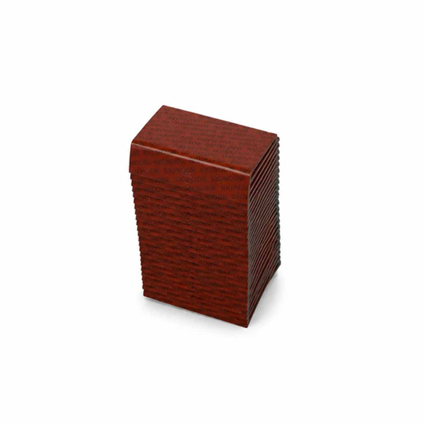 Side view of stacked magazine steel strapping seals with red collating material